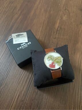 Coach Brown Leather Strap Watch with Green Dino and Red Heart Dial